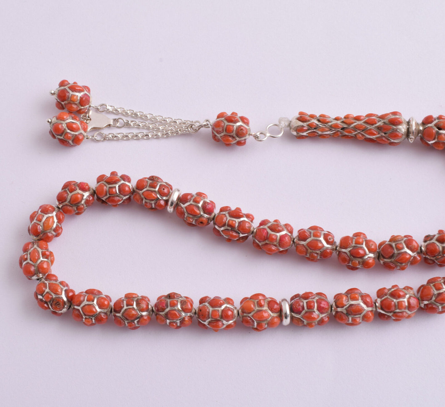 Red Coral & sterling silver Islamic raised inlaid prayer beads,muslim Tasbih