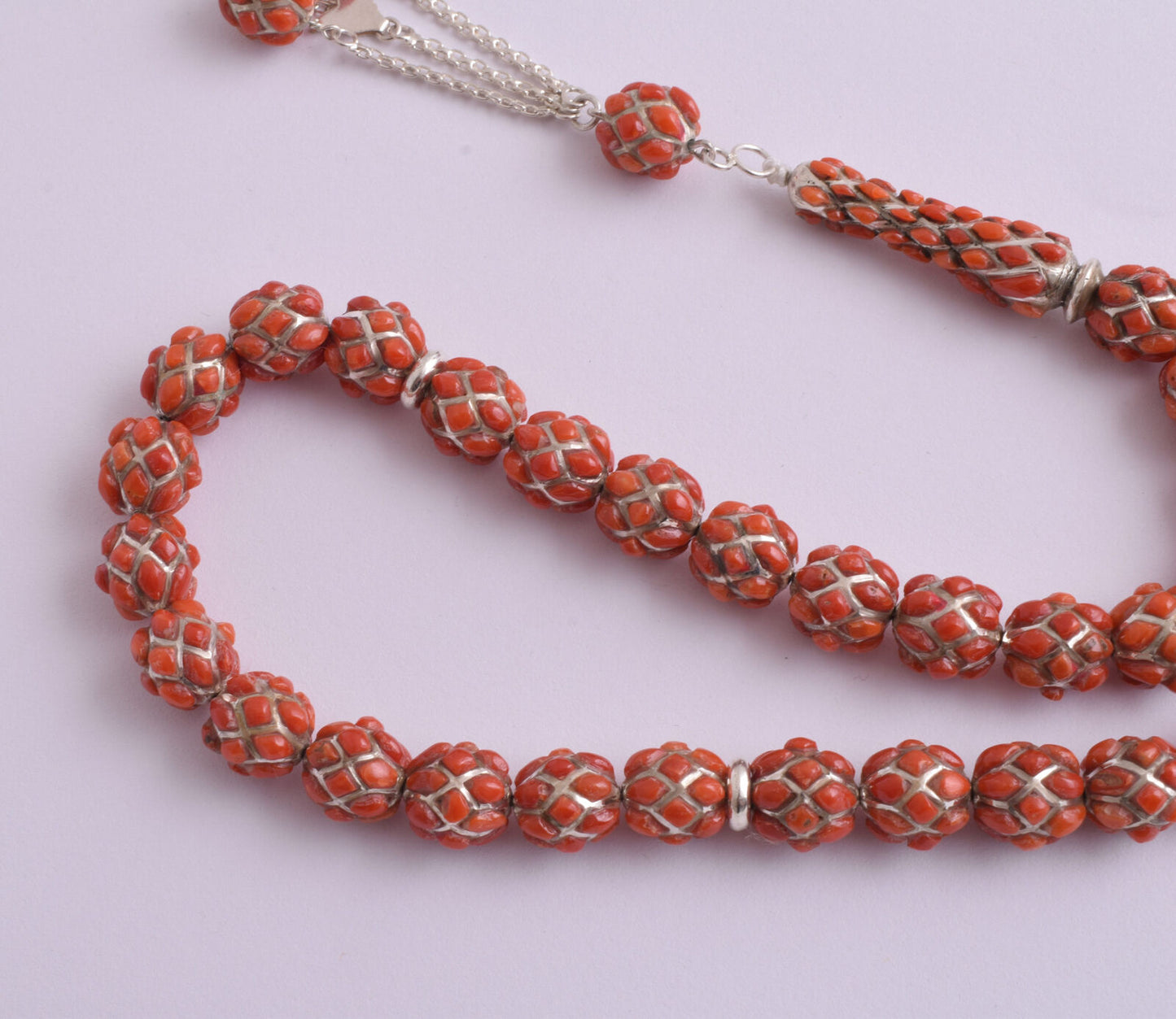 Red Coral & sterling silver Islamic raised inlaid prayer beads,muslim Tasbih