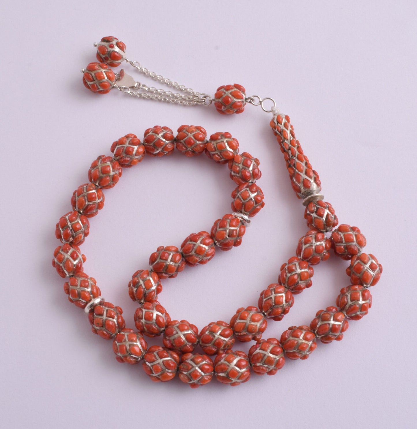 Red Coral & sterling silver Islamic raised inlaid prayer beads,muslim Tasbih