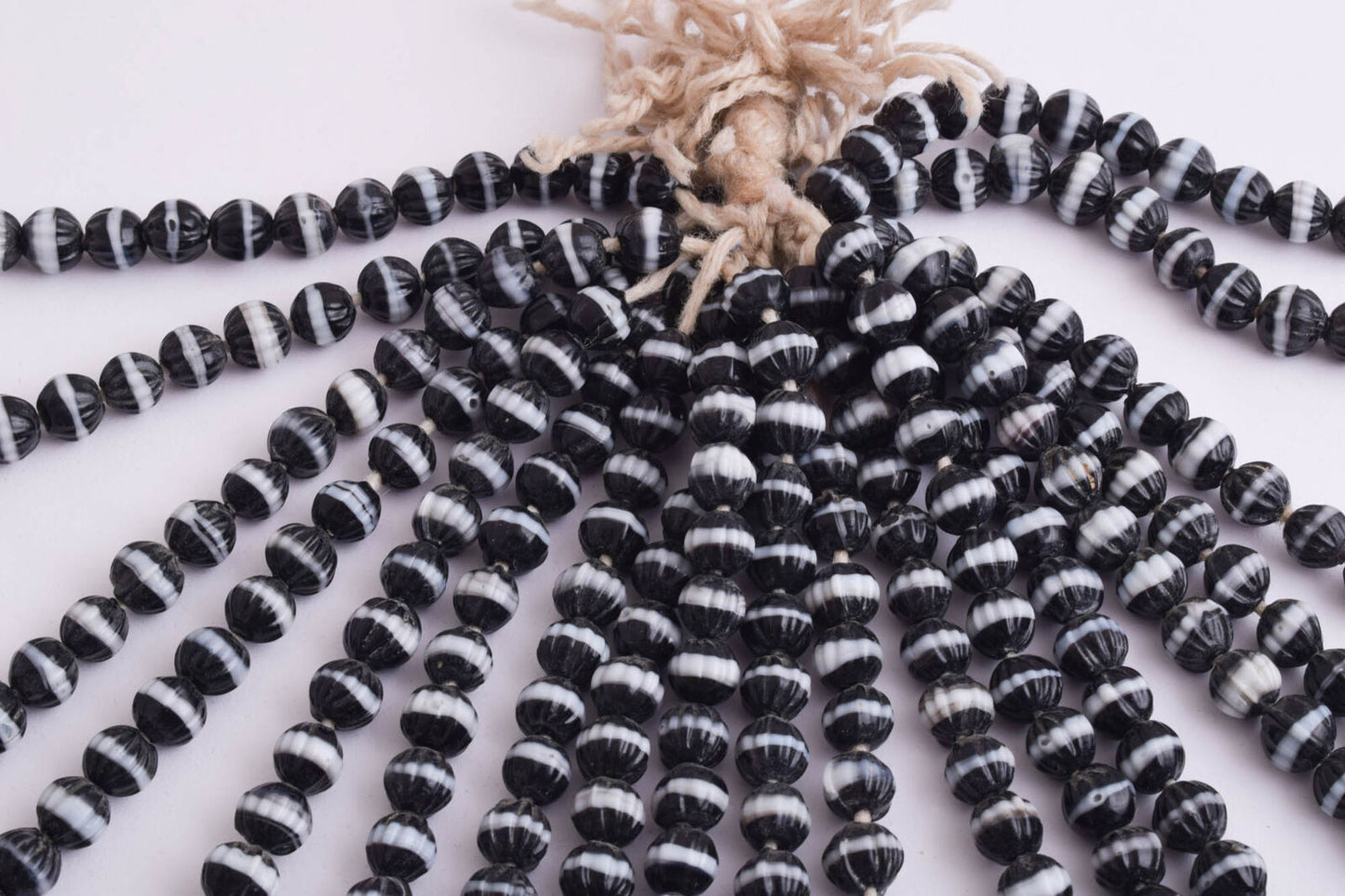 9 strands-Vintage African Glass Trade beads-Czech Bohemian Black-White Stripe