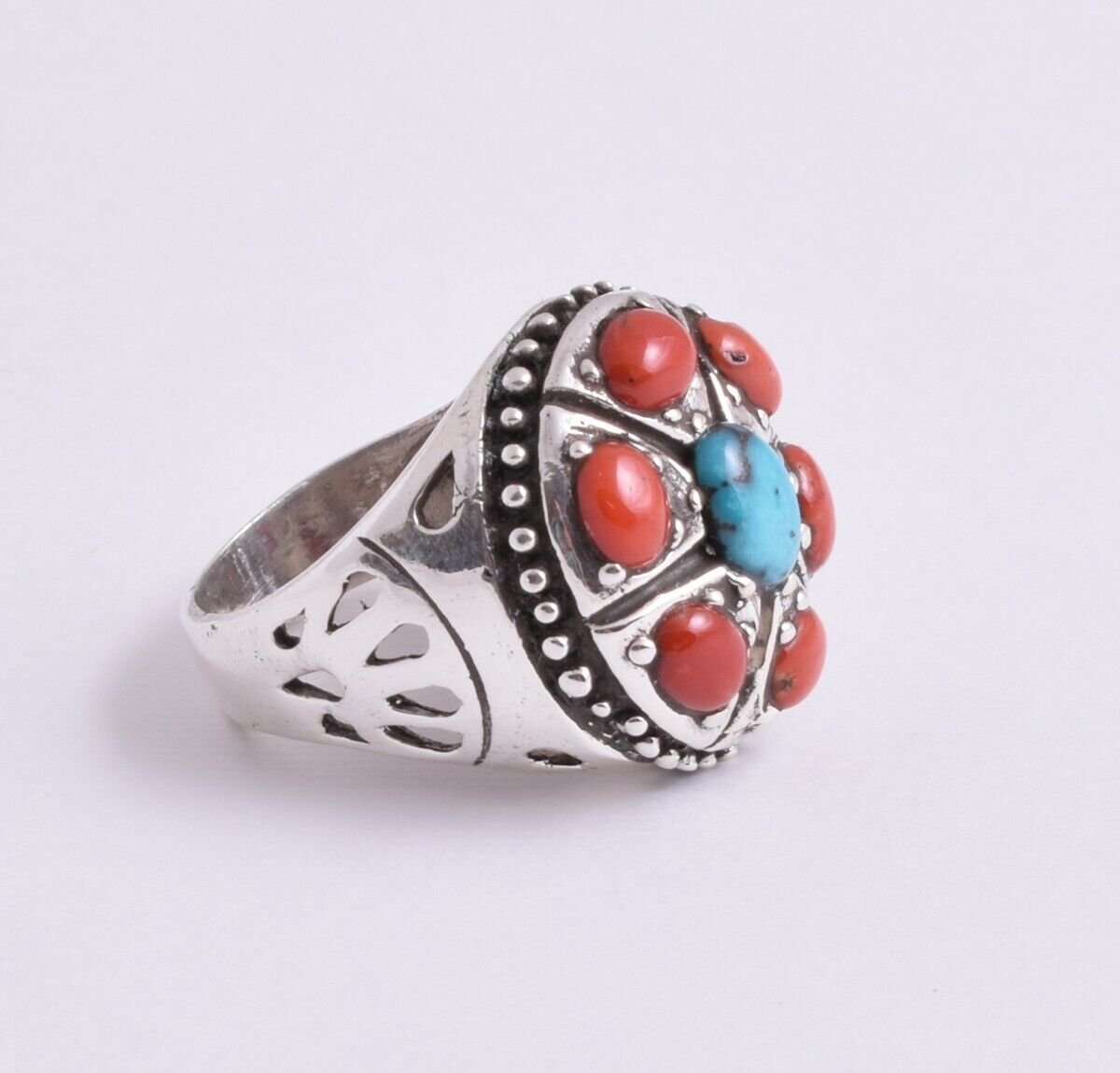 Egyptian Turquoise & mediterranean Red coral sterling silver Ring-Middle Eastern