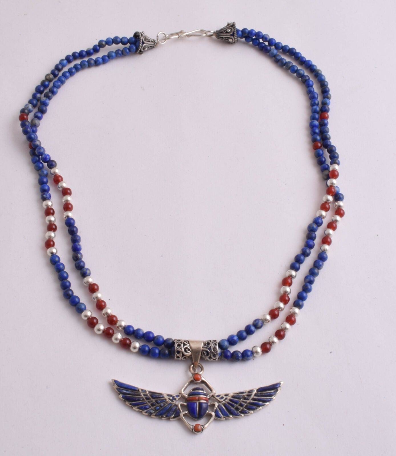 Winged Scarab Necklace-Egyptian Silver Pendant Necklace-Turquoise,Lapis