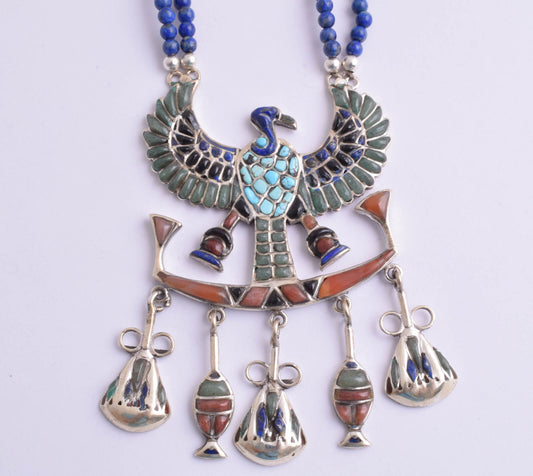 Egyptian Silver Pendant Necklace,Revival,Pharaoh, Turquoise, red coral , lapis