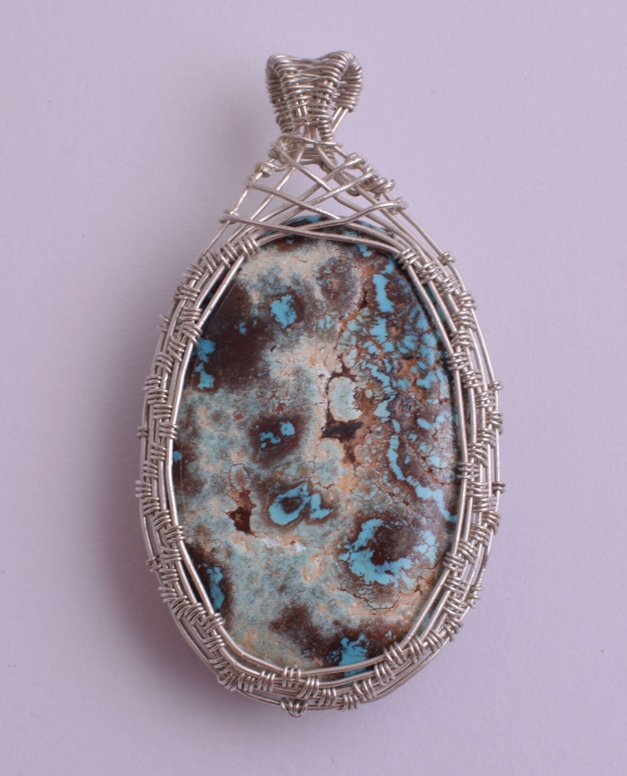 Egyptian Turquoise cabochon Hand Wire Wrapped Silver Pendant-Ethnic Gypsy Boho