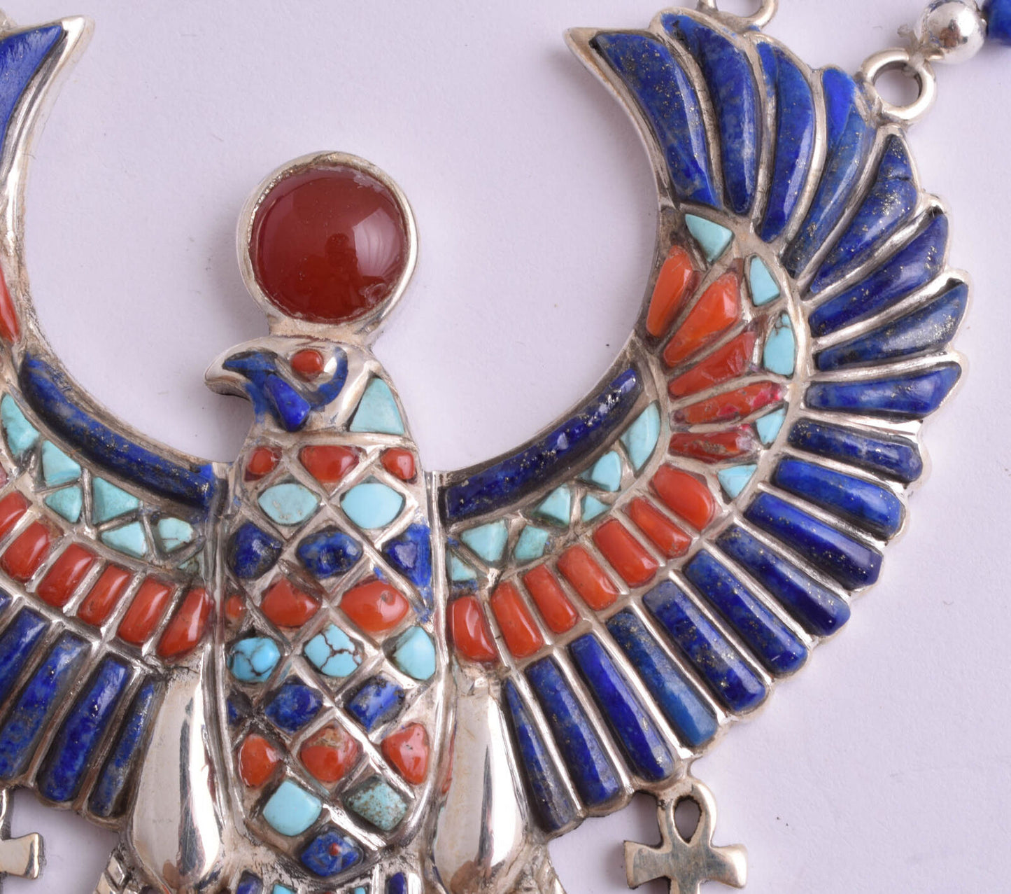 Horus Egyptian Silver Pendant Necklace, Turquoise, red coral , lapis lazuli