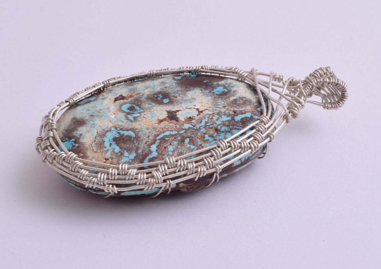 Egyptian Turquoise cabochon Hand Wire Wrapped Silver Pendant-Ethnic Gypsy Boho