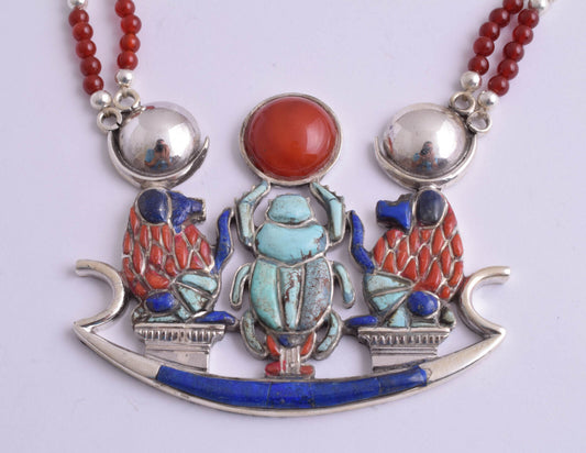 King Tut-Tutankhamun scarab necklace Silver Pendant, Turquoise, lapis-Egypt