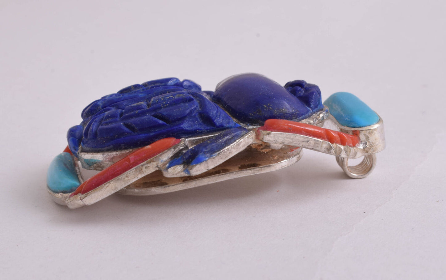 Egyptian scarab Silver Pendant,Revival, Turquoise, red coral , lapis Lazuli