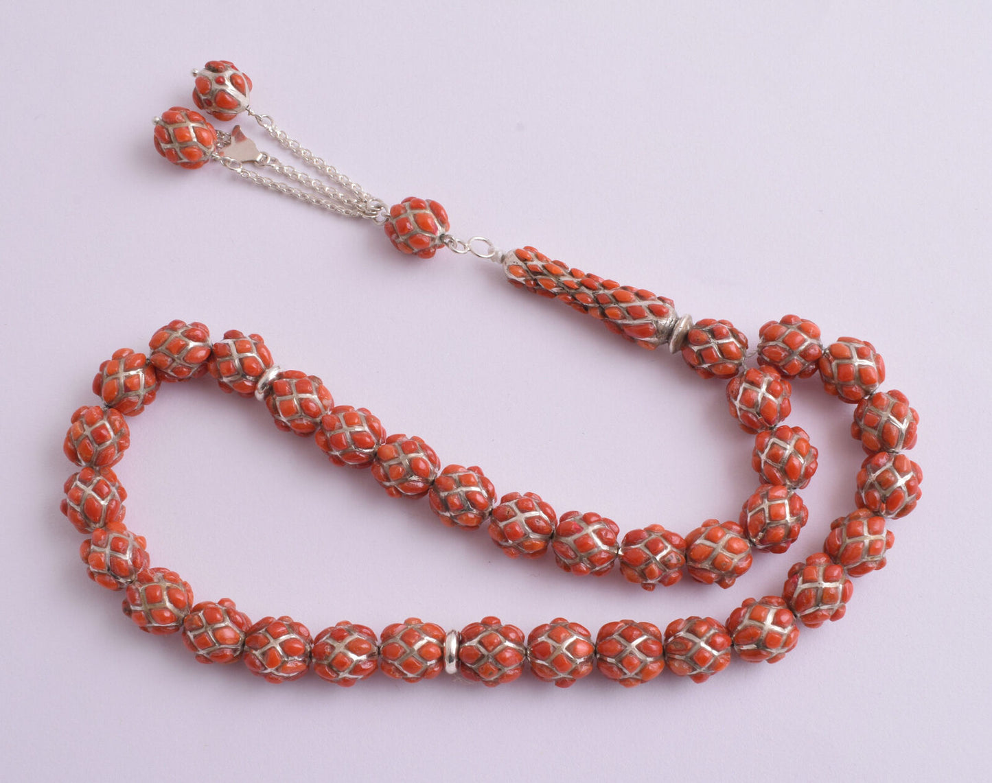 Red Coral & sterling silver Islamic raised inlaid prayer beads,muslim Tasbih