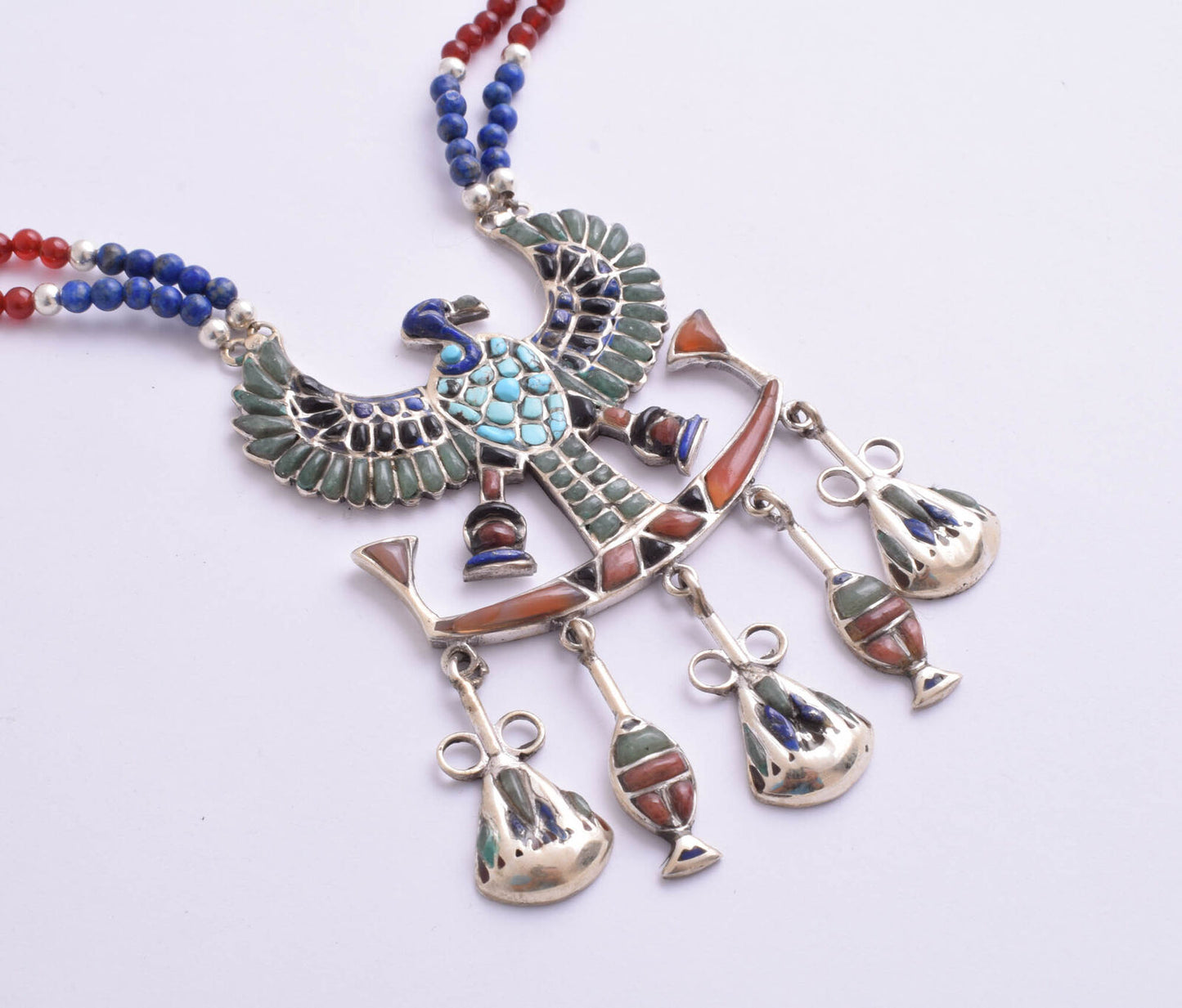 Egyptian Silver Pendant Necklace,Revival,Pharaoh, Turquoise, red coral , lapis