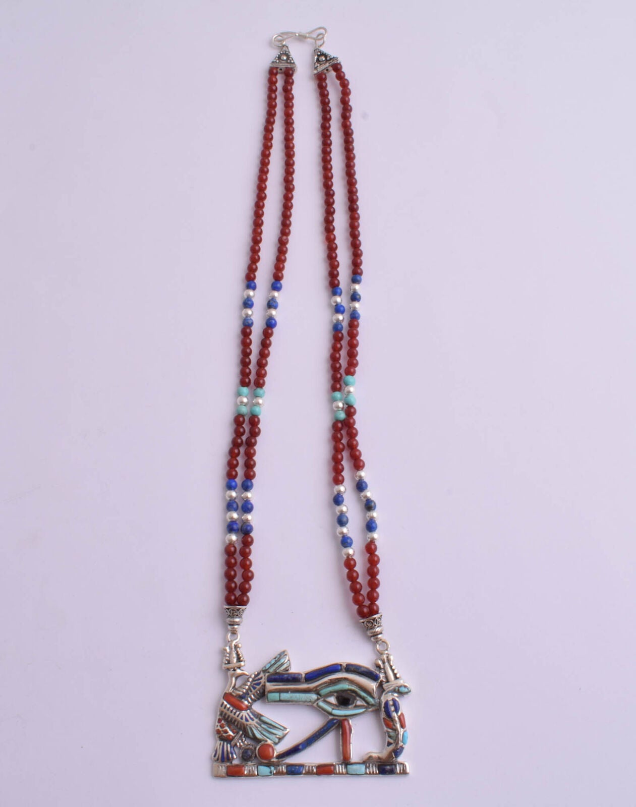 Eye of Horus Egyptian Silver Pendant Necklace,Turquoise, red coral, lapis lazuli