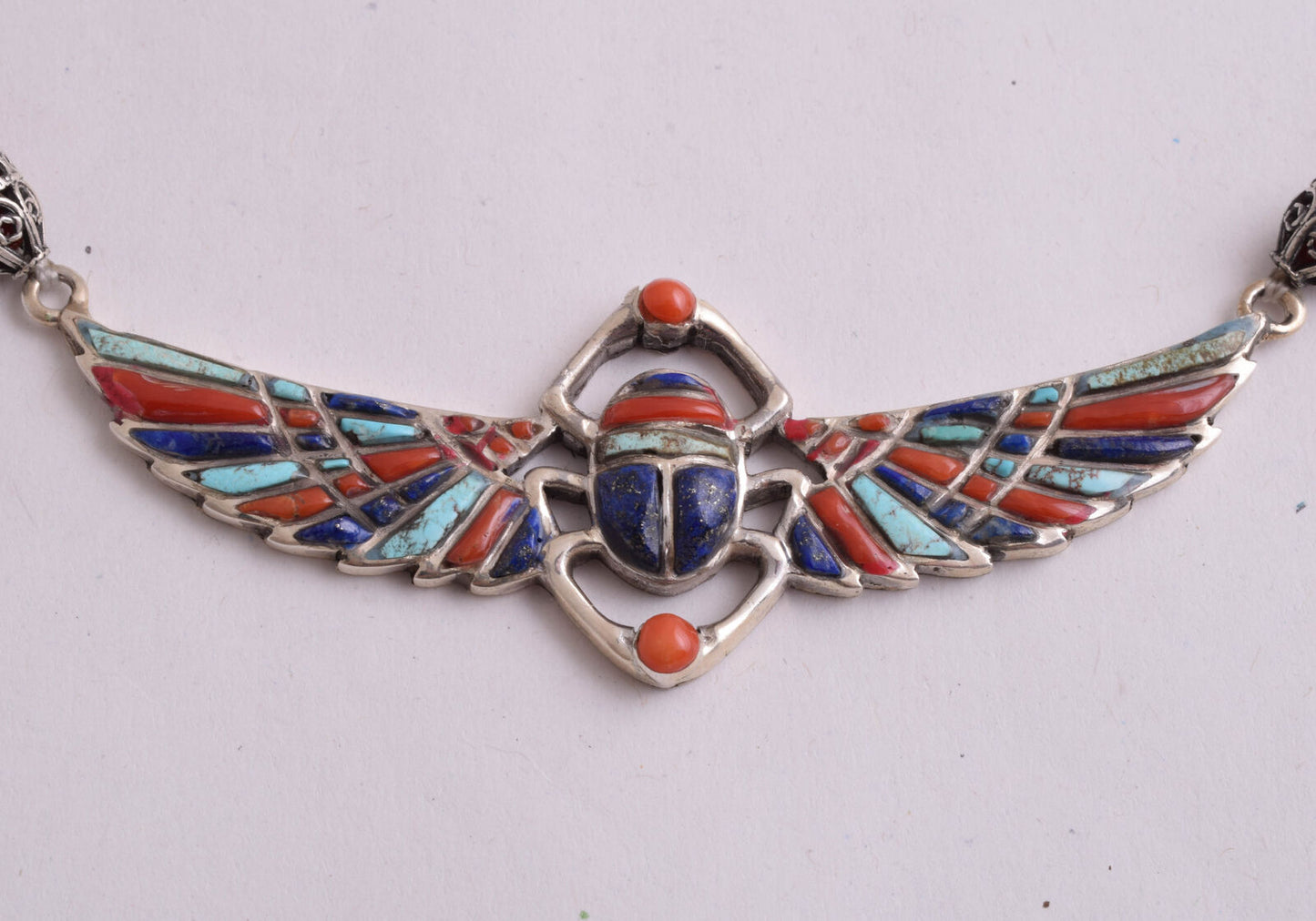 Winged Scarab Necklace-Egyptian Silver Pendant Necklace-Turquoise,Lapis