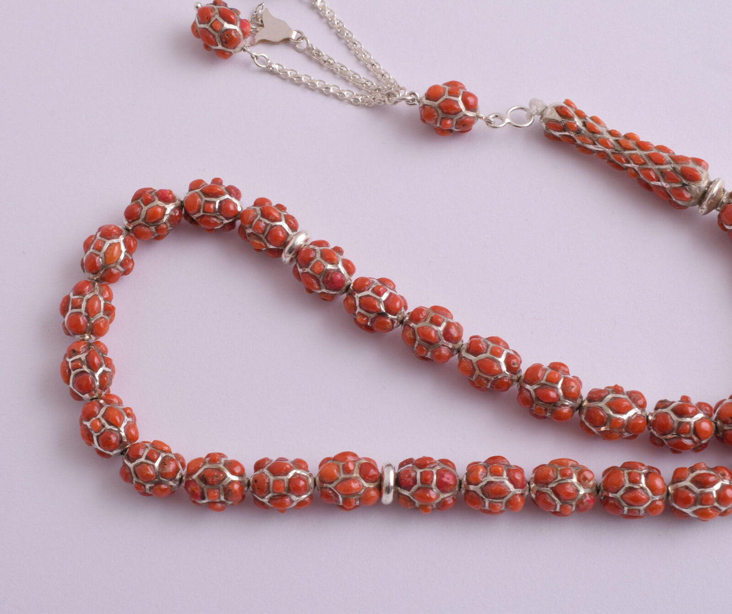 Red Coral & sterling silver Islamic raised inlaid prayer beads,muslim Tasbih