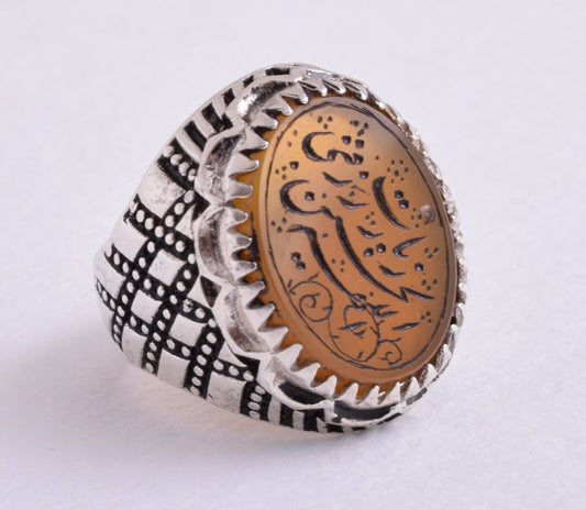 Islamic Silver Yemen agate hand engraved aqeeq aqiq akik Men Ring