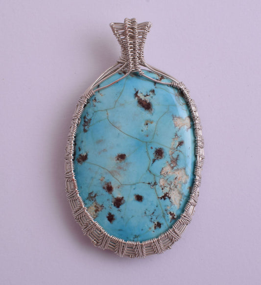 Egyptian Turquoise Hand Wire Wrapped Silver Pendant-Ethnic Gypsy Boho Bedouin-XL