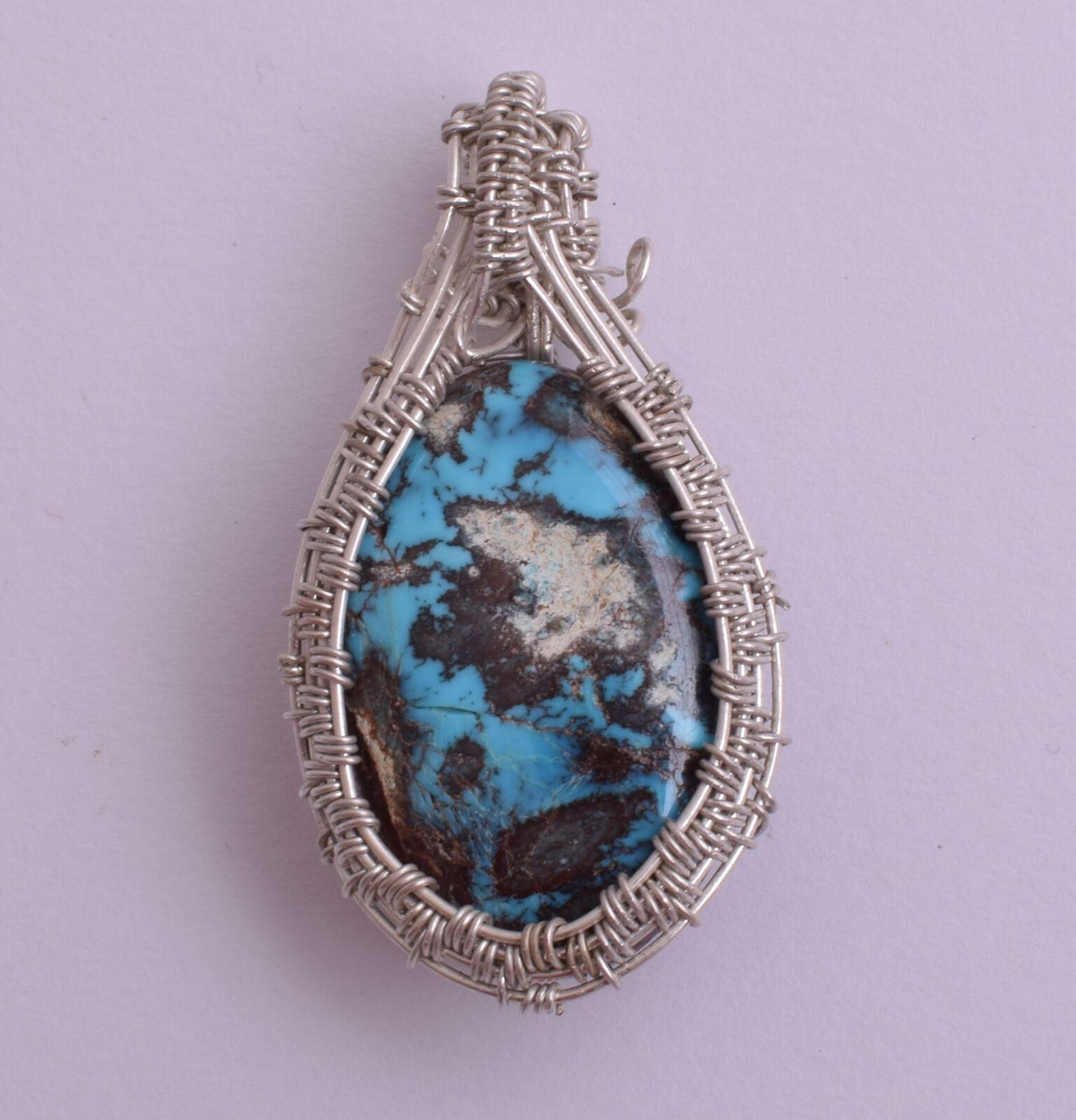 Egyptian Turquoise cabochon Hand Wire Wrapped Silver Pendant-Ethnic Gypsy Boho