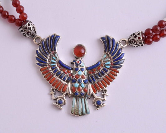 Horus Egyptian Silver Pendant Necklace, Turquoise, red coral , lapis lazuli