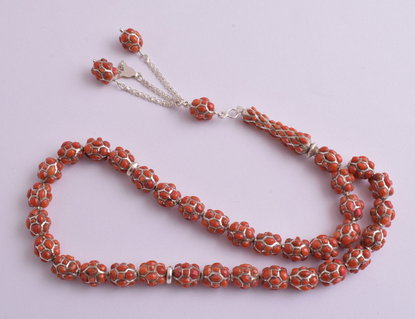 Red Coral & sterling silver Islamic raised inlaid prayer beads,muslim Tasbih