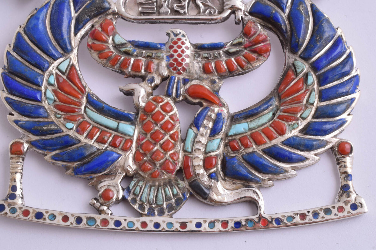 Winged Scarab Egyptian Silver Pendant Necklace, Turquoise, red coral , lapis