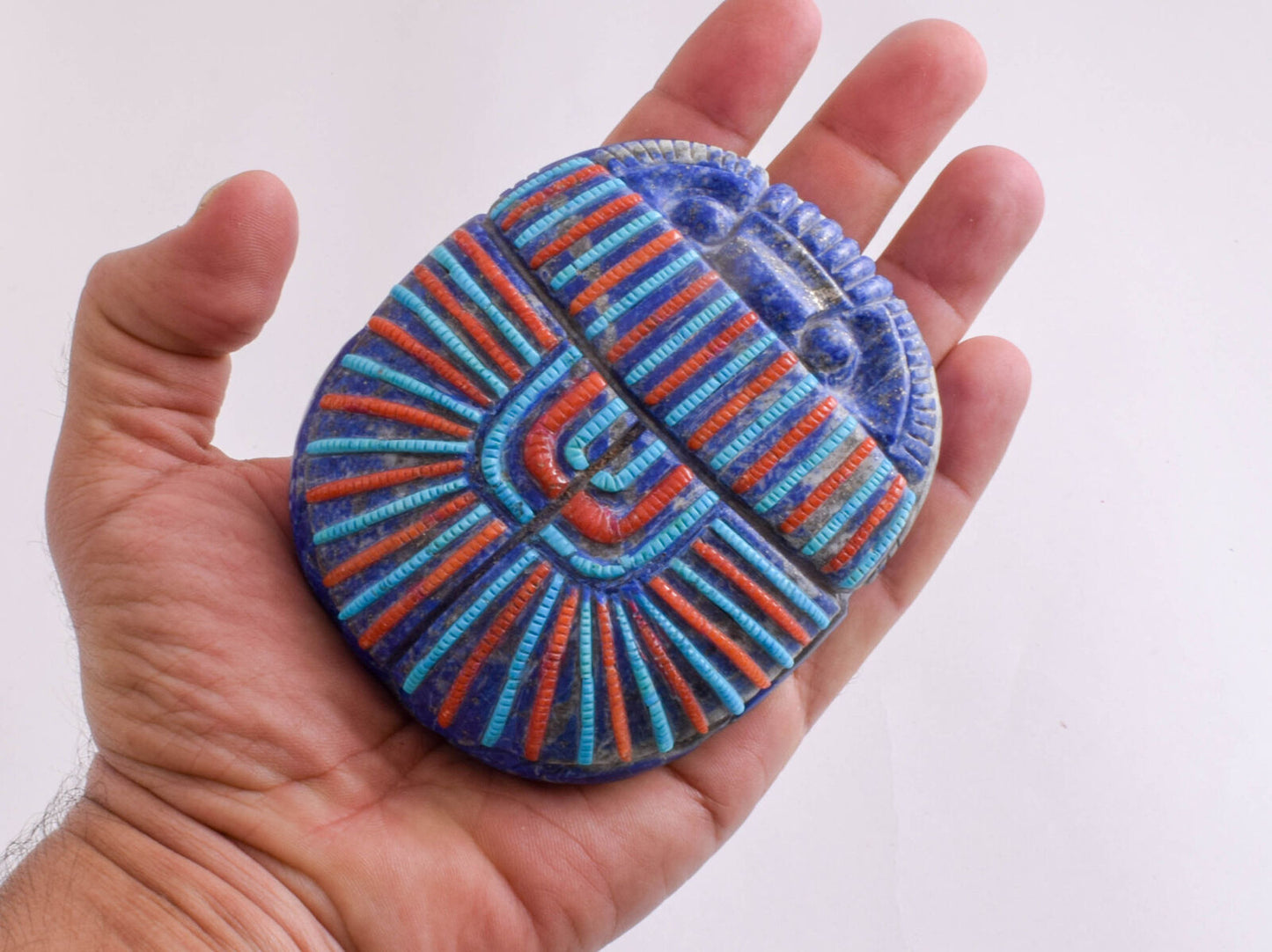 Lapis Lazuli Egyptian scarab,Turquoise, red coral, Horus Eye, 4.1" / 560 gram