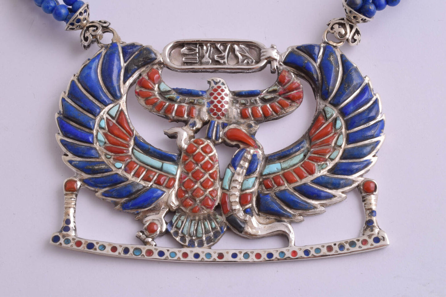 Winged Scarab Egyptian Silver Pendant Necklace, Turquoise, red coral , lapis