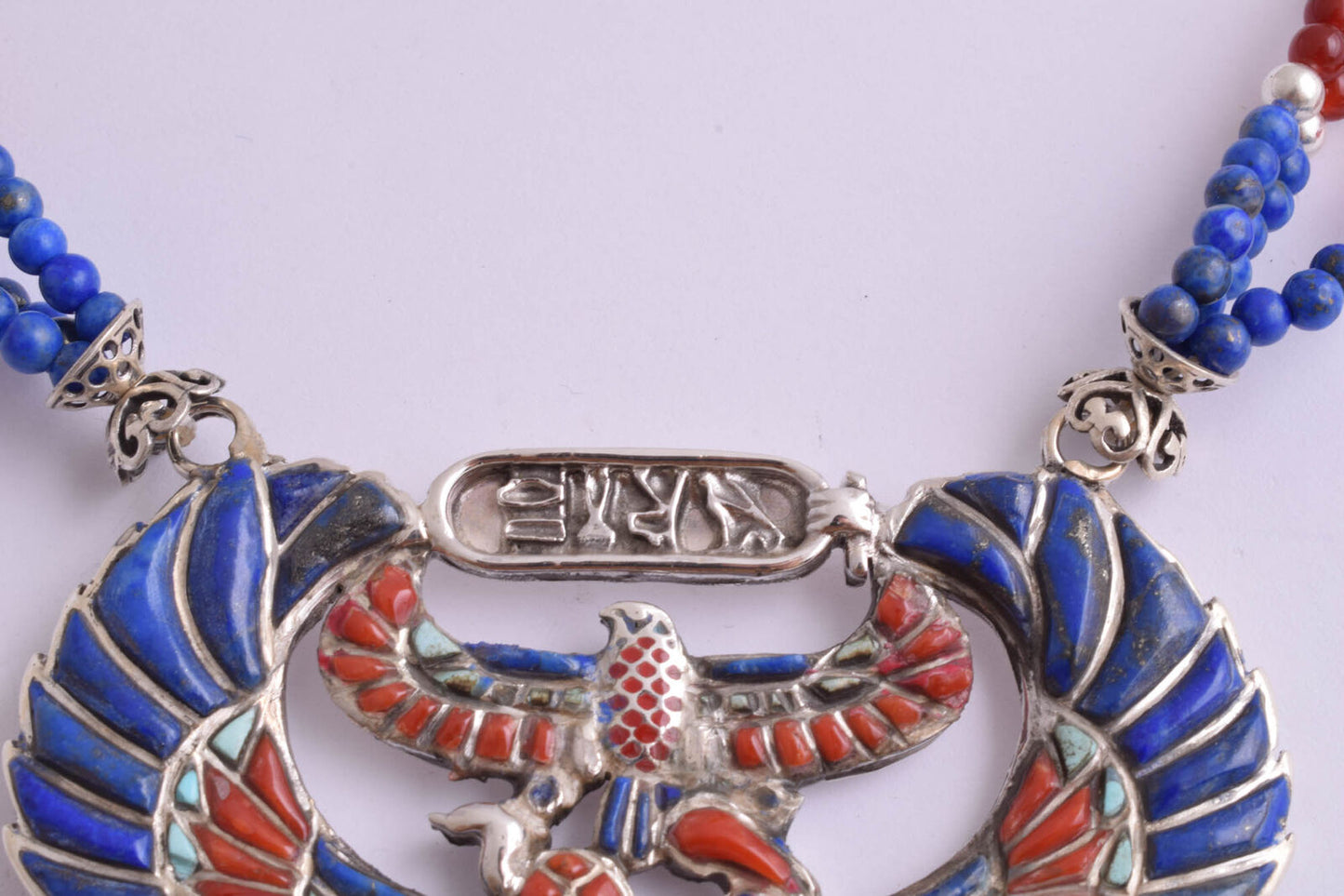 Winged Scarab Egyptian Silver Pendant Necklace, Turquoise, red coral , lapis