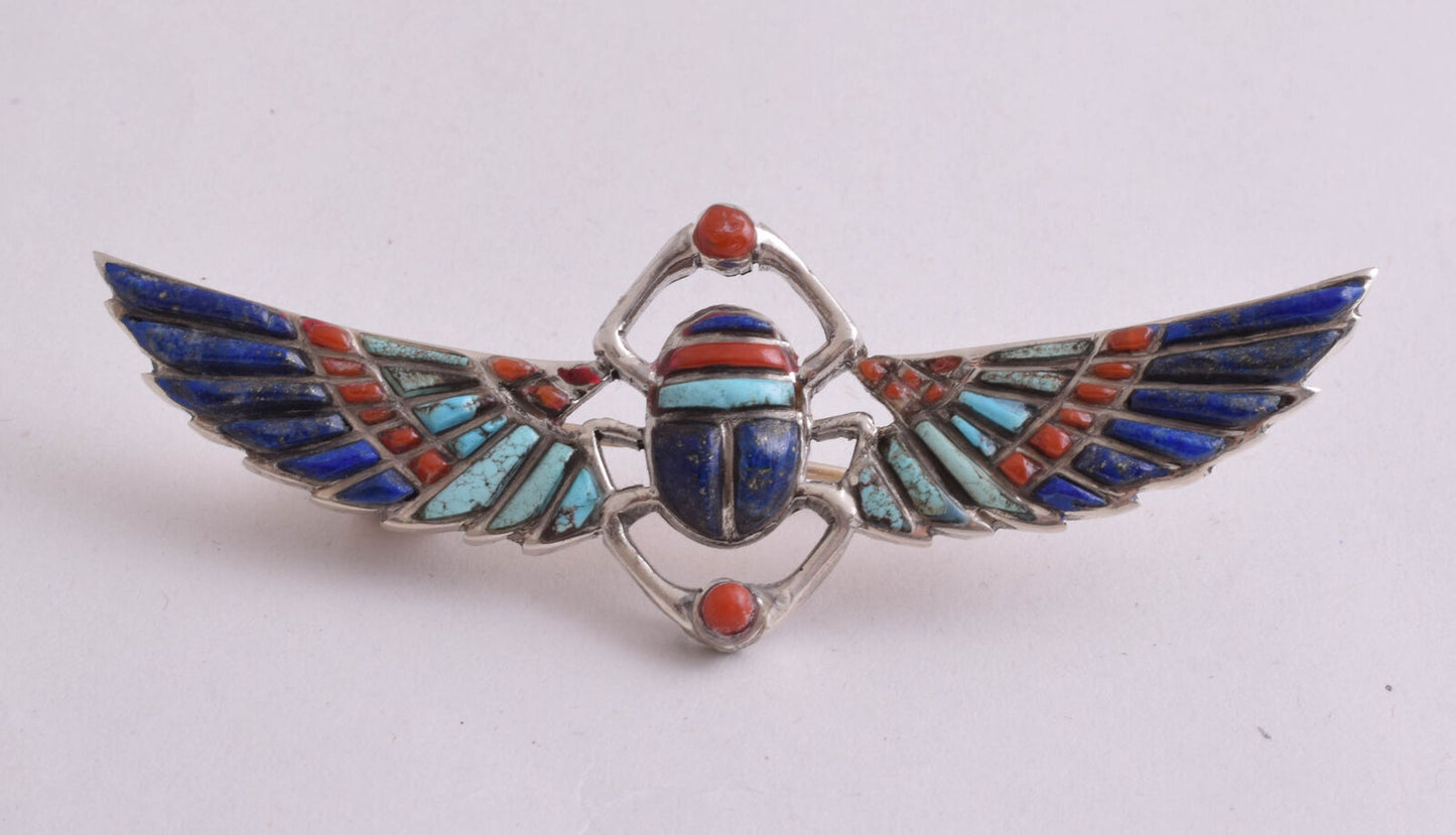 Egyptian scarab Silver Brooch,Revival, Turquoise, red coral , lapis Lazuli