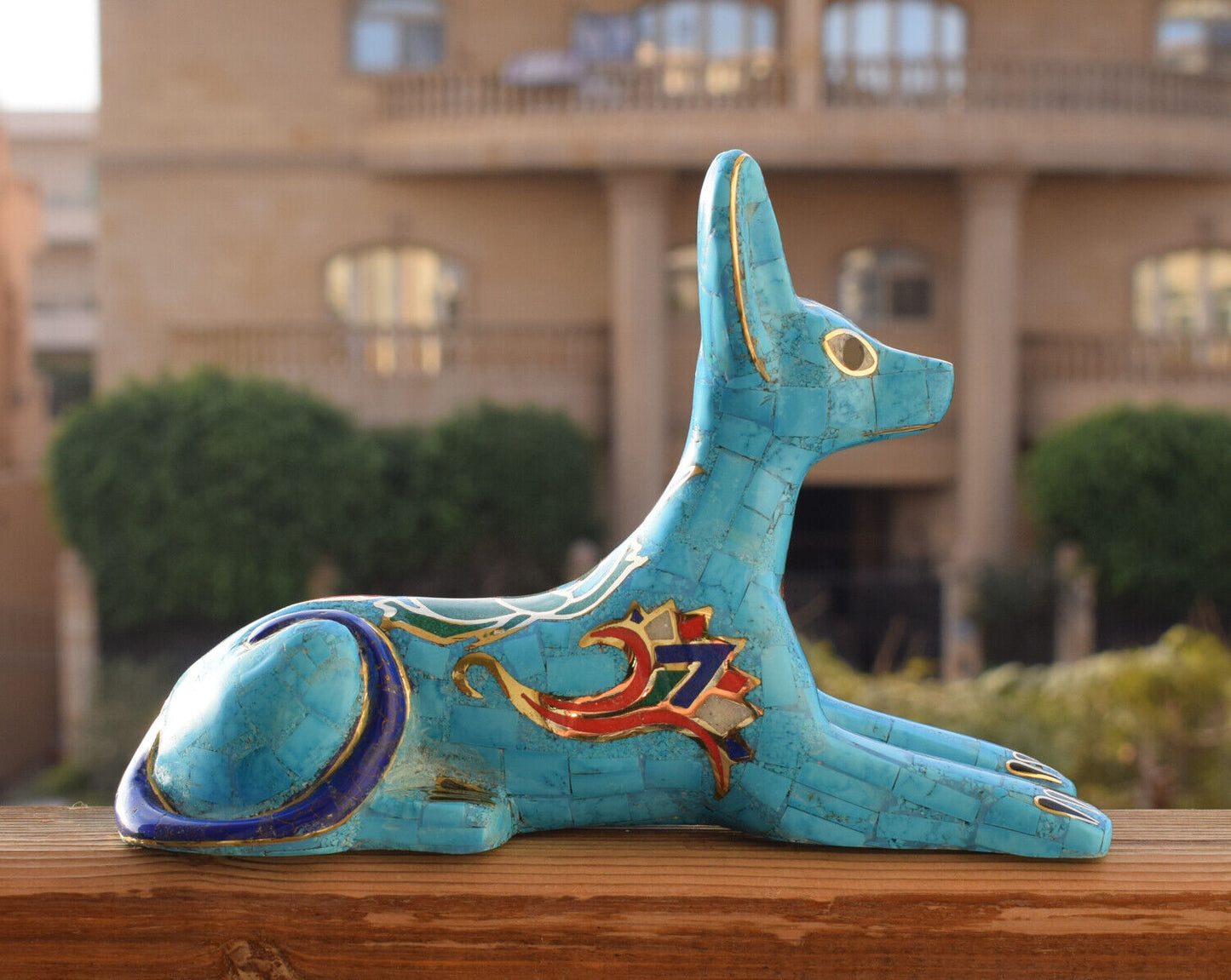 Egyptian Anubis Statue-Blue inlay-Collectible Decorative-Revival - 8"