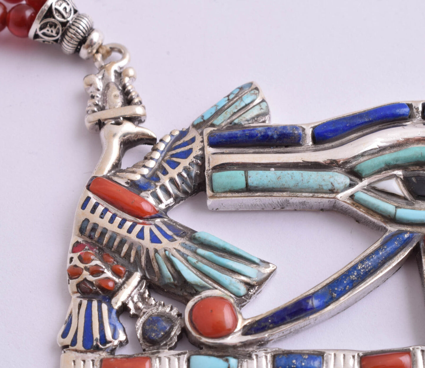 Eye of Horus Egyptian Silver Pendant Necklace,Turquoise, red coral, lapis lazuli