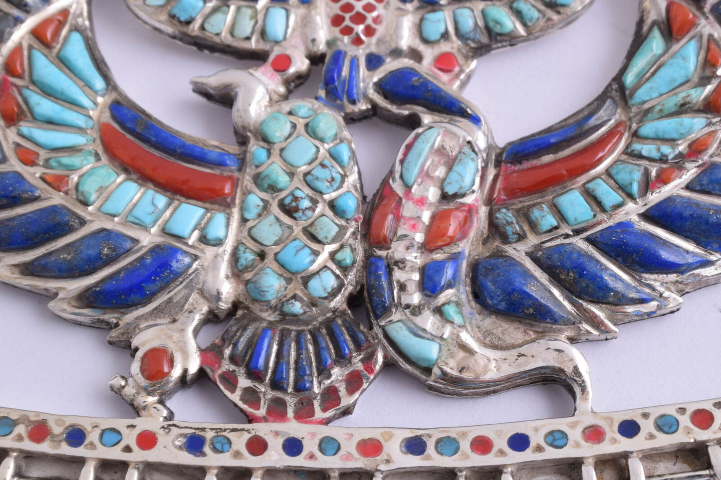 Winged Scarab Egyptian Silver Pendant Necklace, Turquoise, red coral , lapis