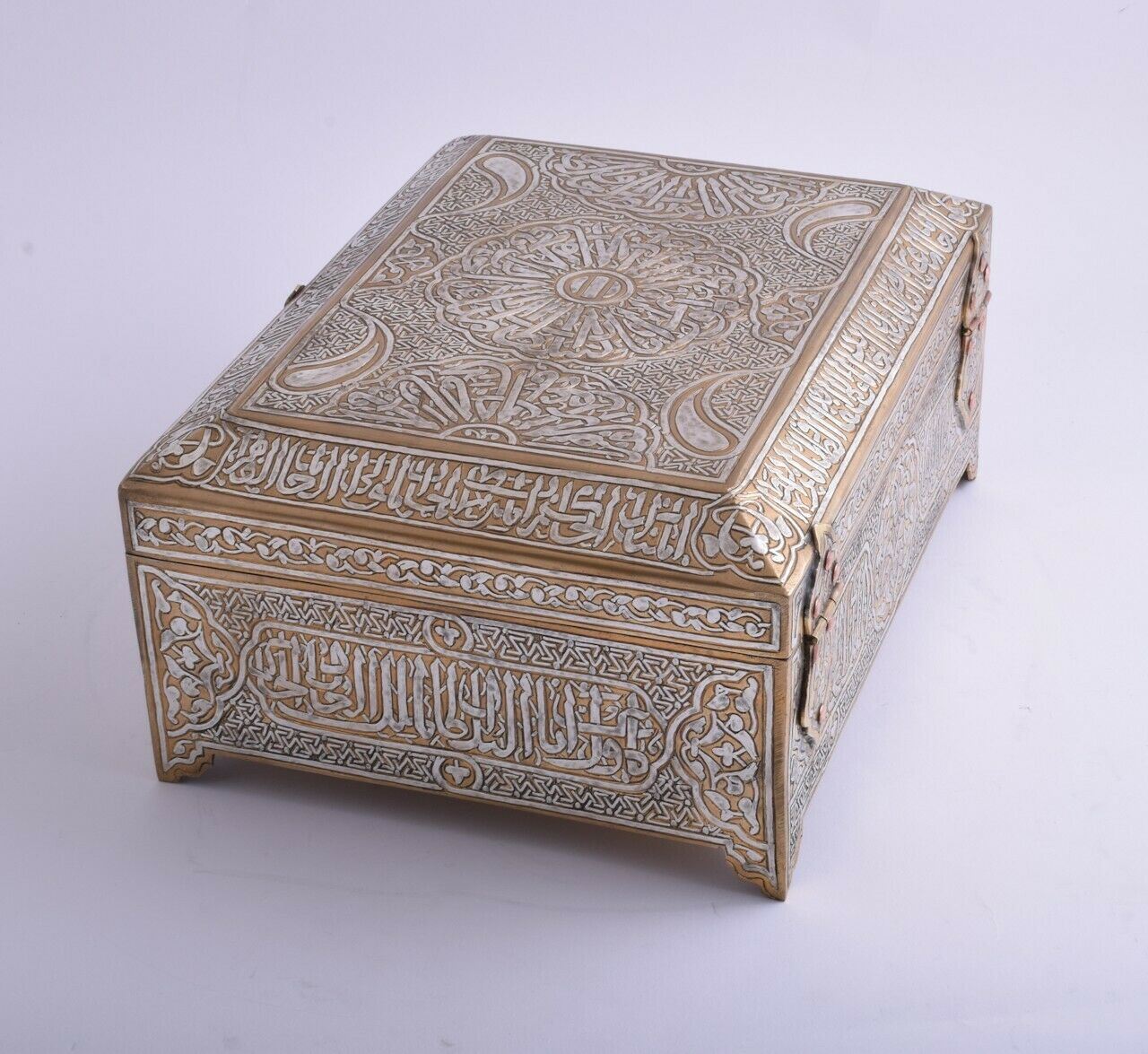 Islamic revival-Mamluk silver inlaid Jewelry - Quran Koran brass Box-Cairo ware