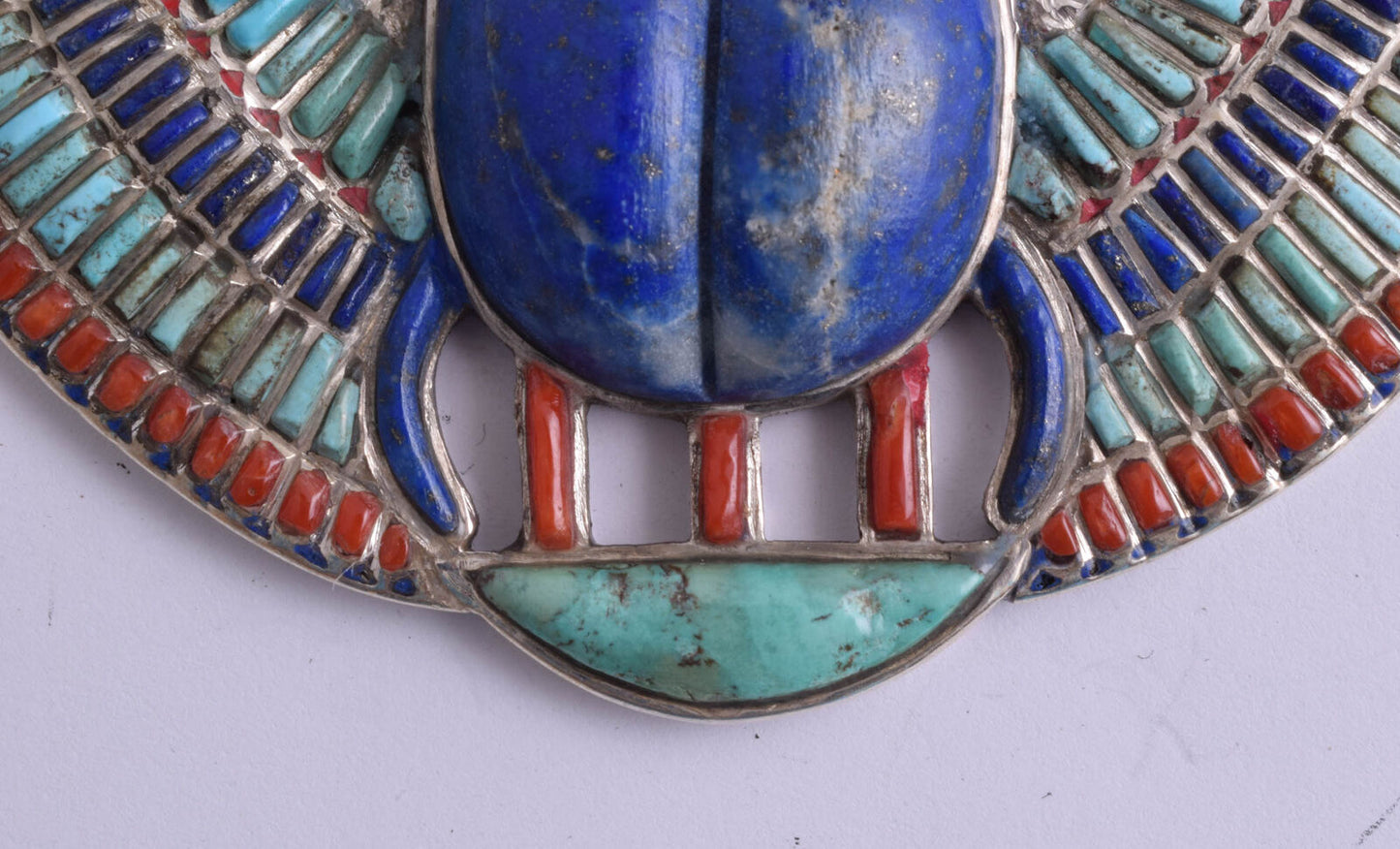 Egyptian Silver Pendant Necklace, scarab,Pharaoh, Turquoise, red coral , lapis