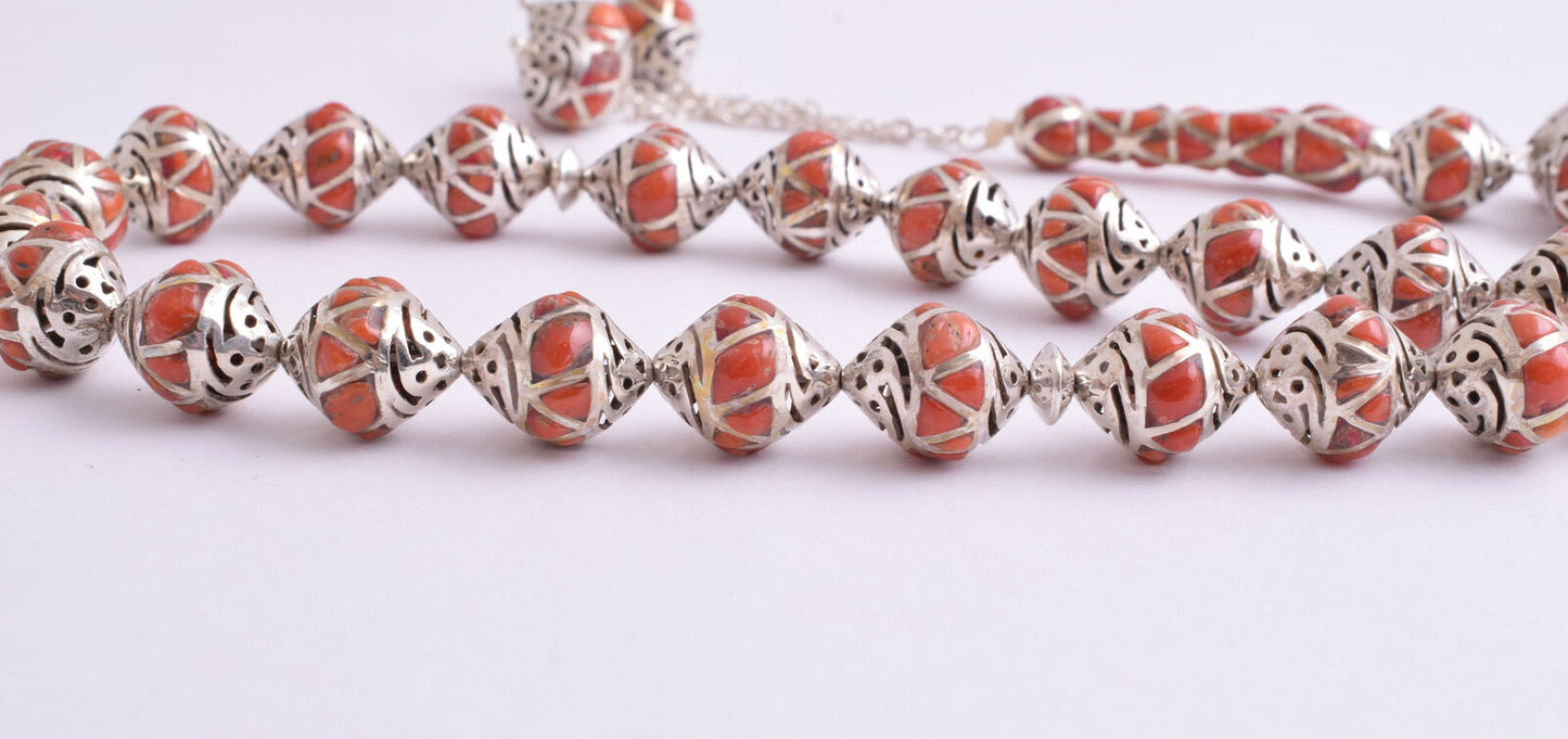 Red Coral & sterling silver Islamic raised inlaid prayer beads,muslim Tasbih