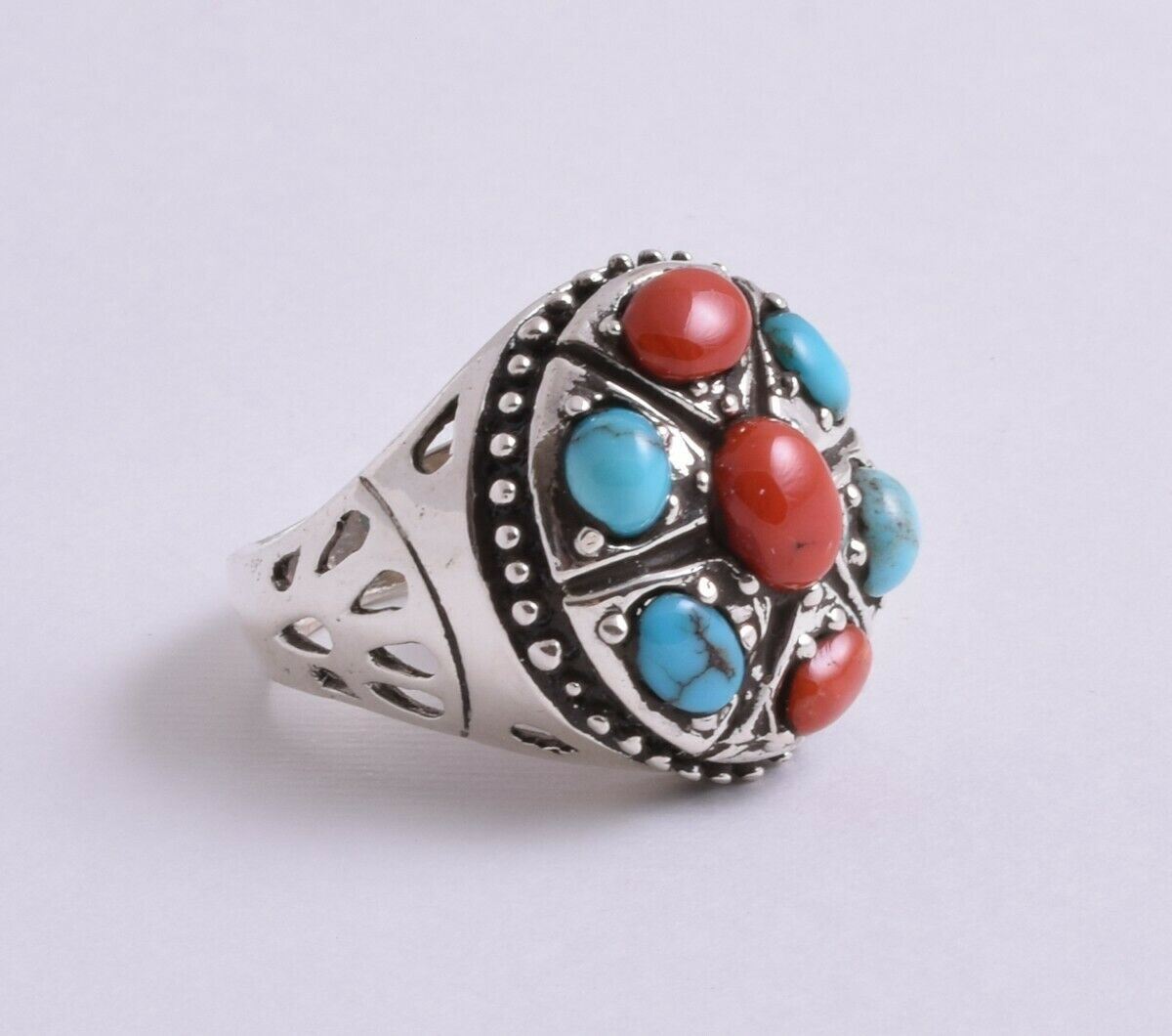 Egyptian Turquoise & Red coral sterling silver Ring-Middle Eastern