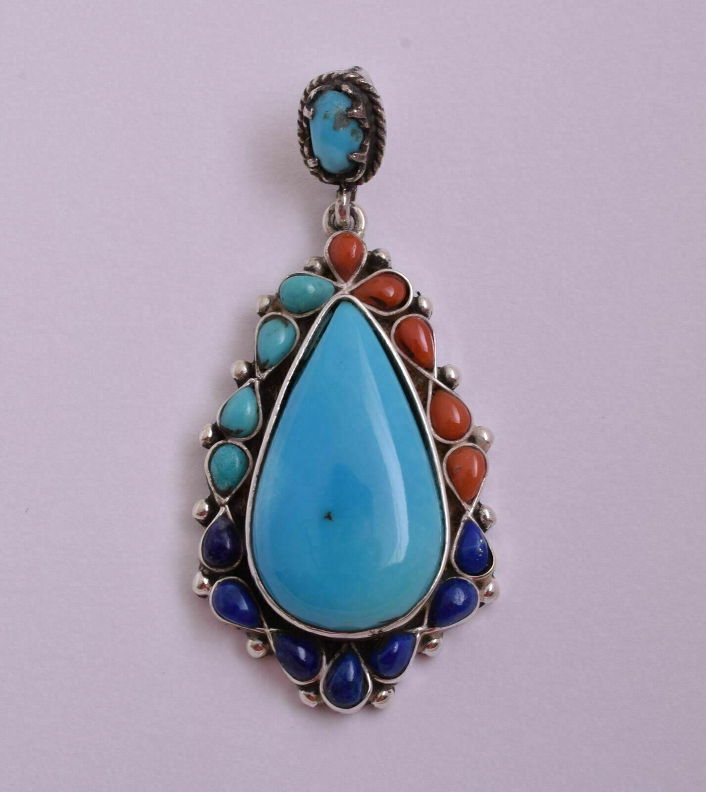 Egyptian Ethnic Gypsy Bedouin Turquoise-Red coral-Lapis Lazuli-silver Pendant