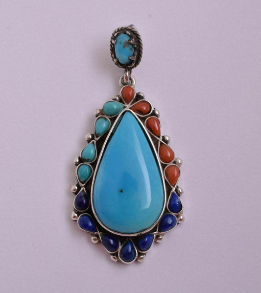 Egyptian Ethnic Gypsy Bedouin Turquoise-Red coral-Lapis Lazuli-silver Pendant