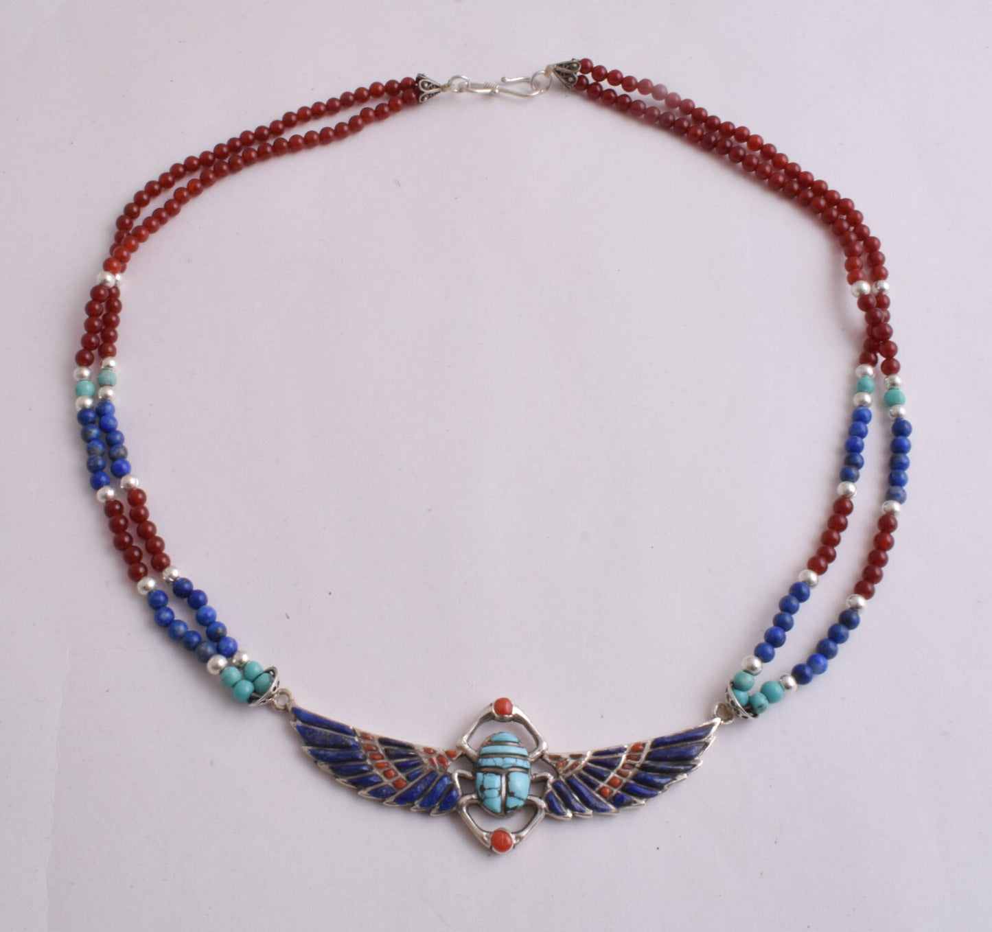 Winged Scarab Necklace-Egyptian Silver Pendant Necklace-Turquoise,Lapis