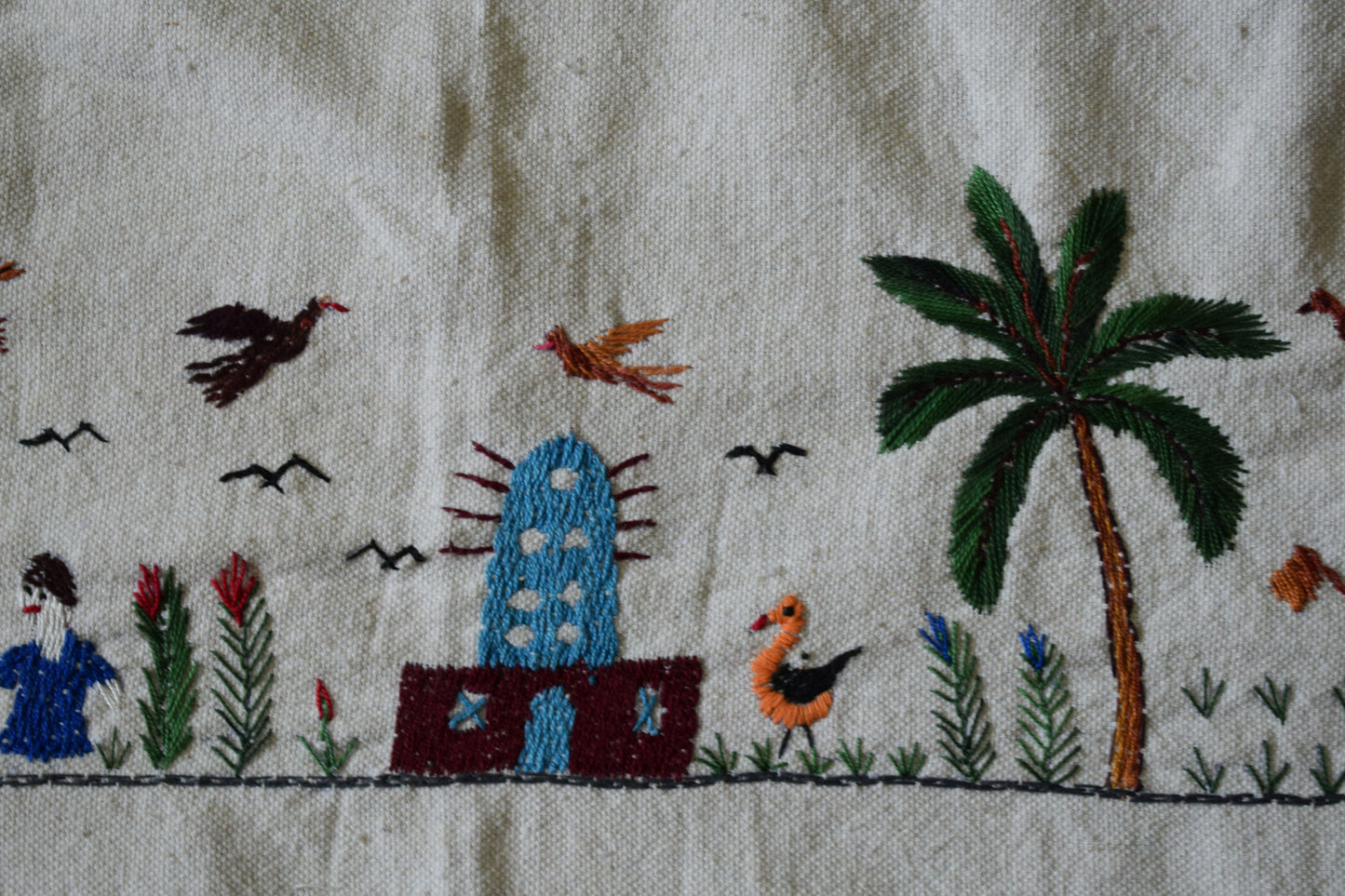 Hand embroidered Egyptian Tablecloth Falalhi Village Bedouin scenes 88"X54"