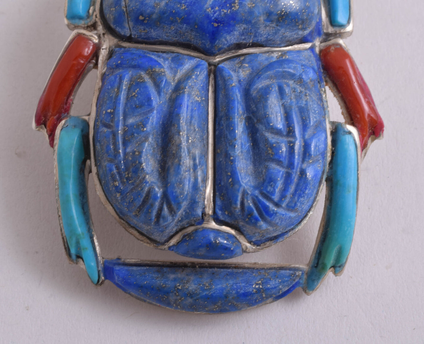 Egyptian scarab Silver Pendant,Revival, Turquoise, red coral , lapis Lazuli