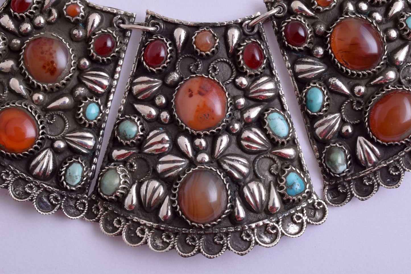 Antique Egyptian Revival Silver Turquoise-Agate Necklace Choker