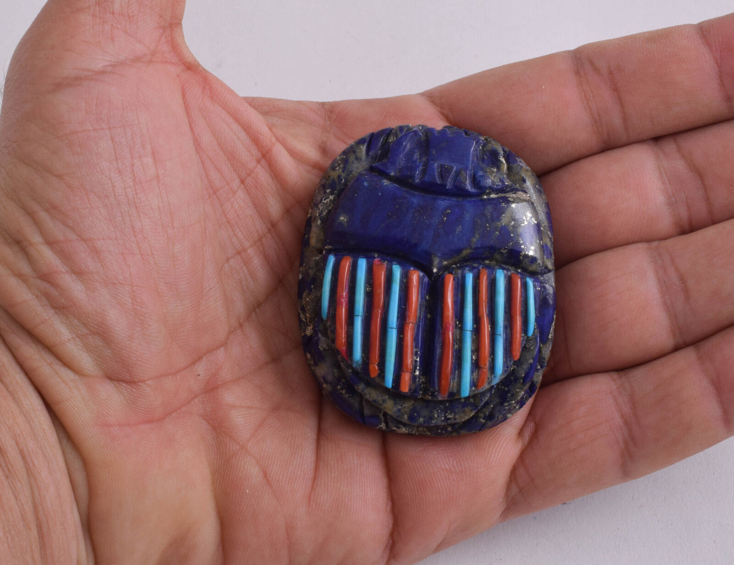 Lapis Lazuli Egyptian scarab,Turquoise, red coral,  2.3" / 99 gram