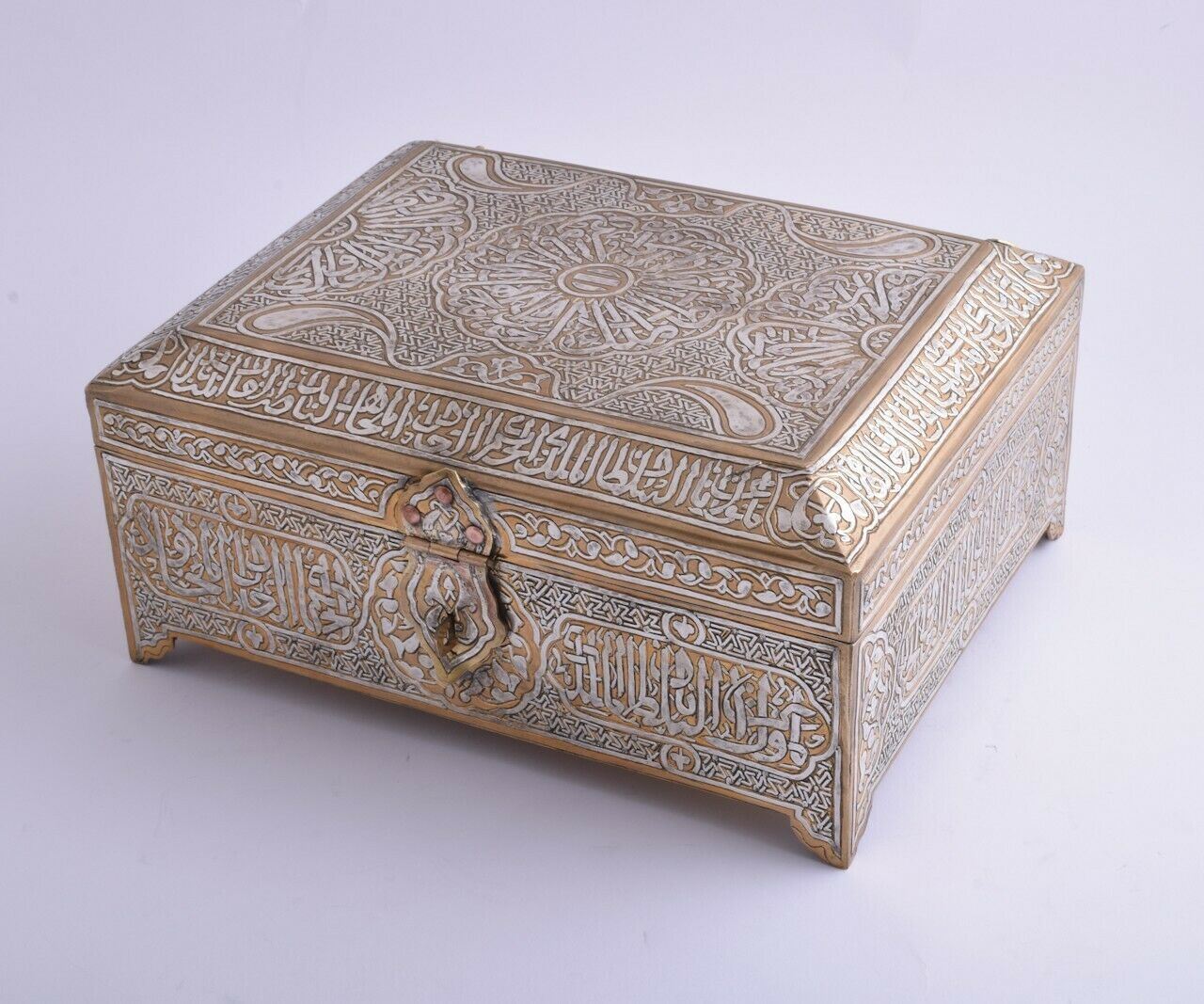 Islamic revival-Mamluk silver inlaid Jewelry - Quran Koran brass Box-Cairo ware