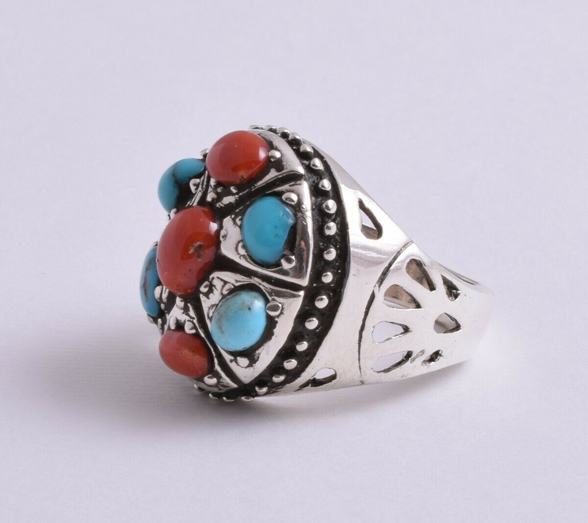 Egyptian Turquoise & Red coral sterling silver Ring-Middle Eastern