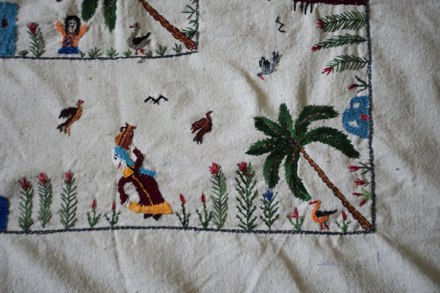 Hand embroidered Egyptian Tablecloth Falalhi Village Bedouin scenes 88"X54"