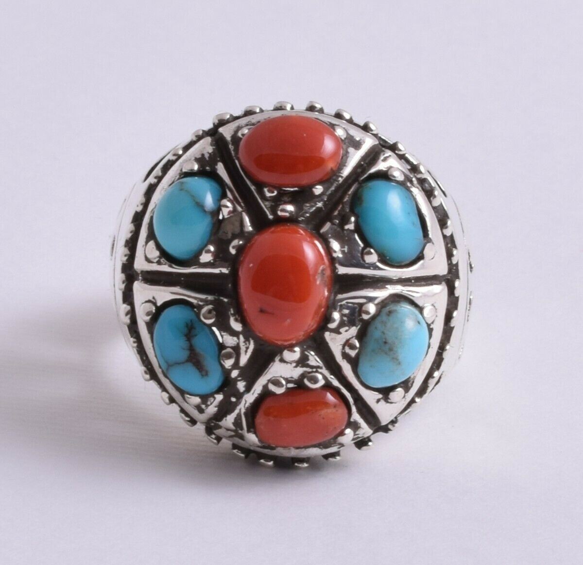 Egyptian Turquoise & Red coral sterling silver Ring-Middle Eastern