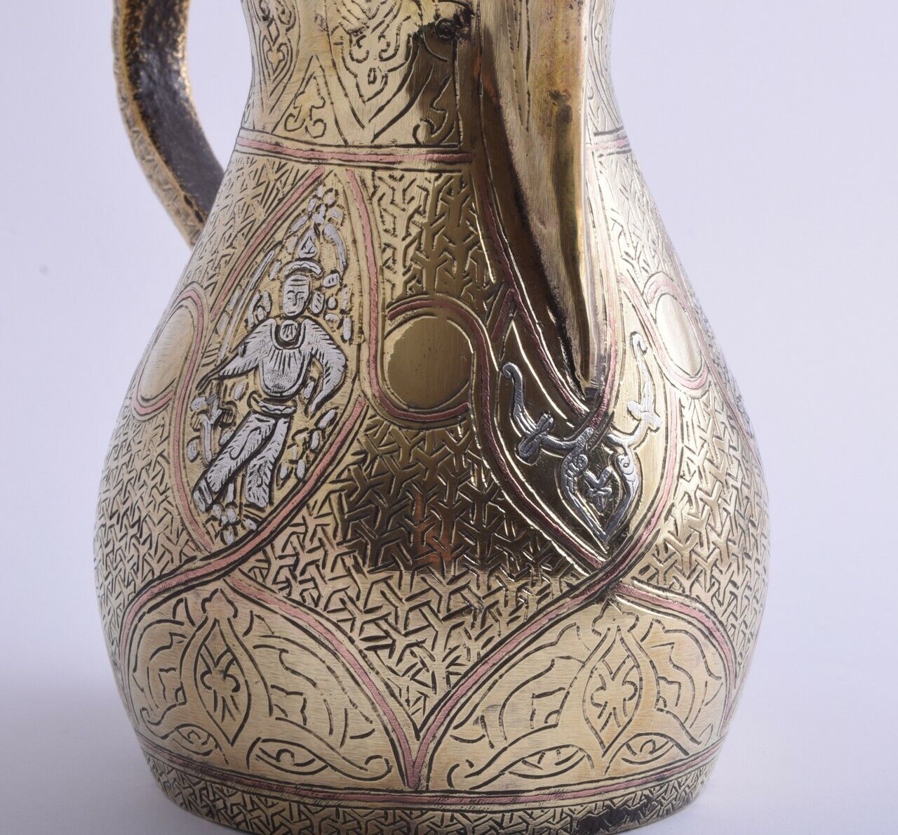 Vintage Islamic Persian silver inlaid brass coffee pot Dallah