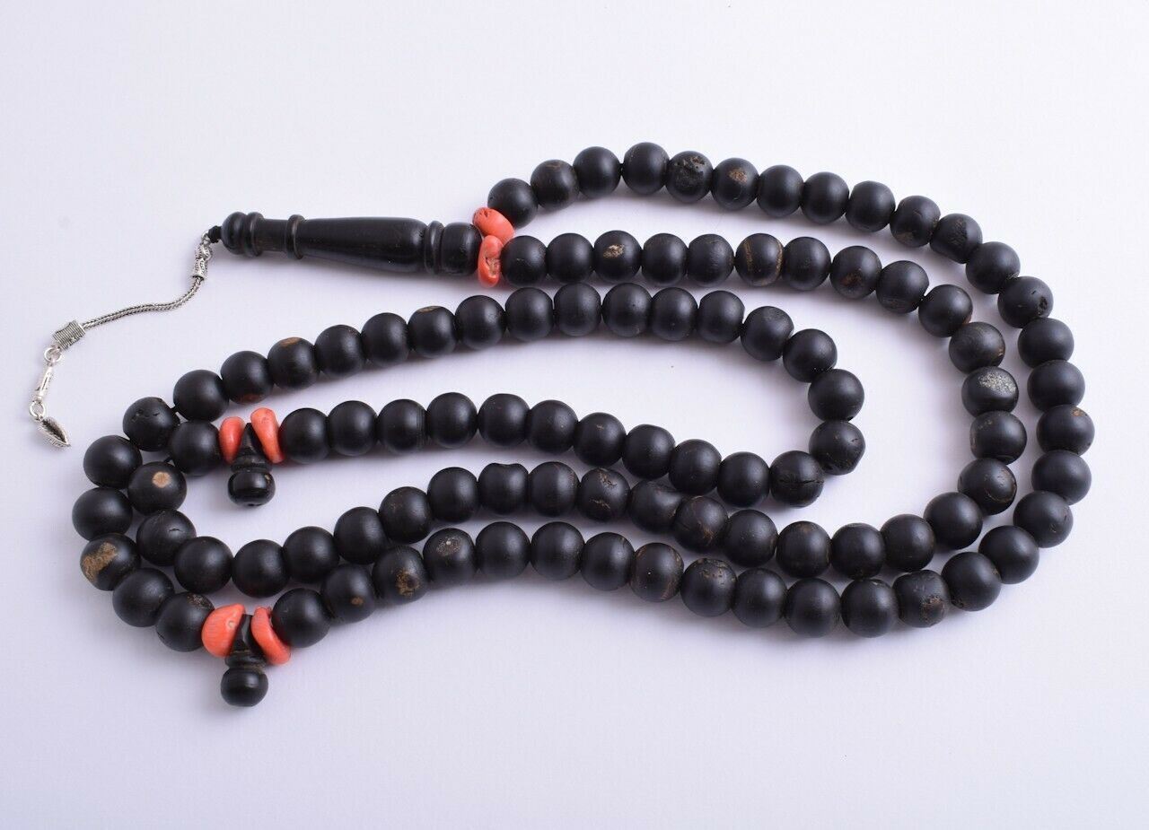 Antique Islamic black coral/ silver inlay -Prayer beads-komboloi-يسر حجازي قديم