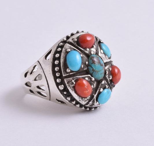 Egyptian Turquoise & Red coral sterling silver Ring-Middle Eastern