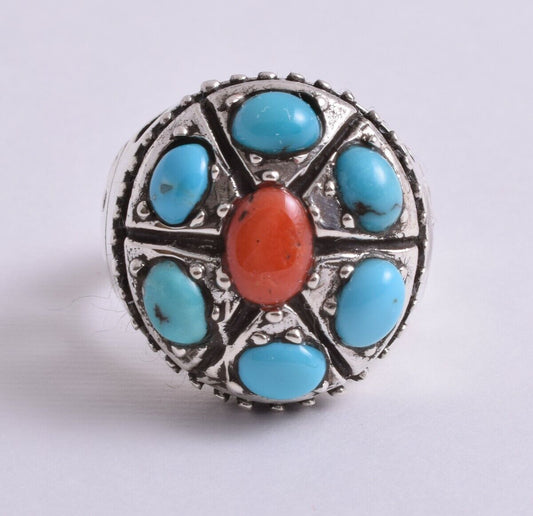 Egyptian Turquoise & Red coral sterling silver Ring-Middle Eastern