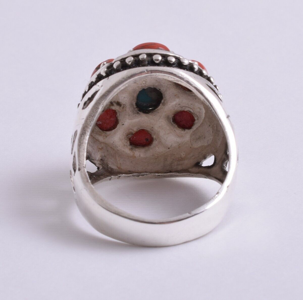 Egyptian Turquoise & mediterranean Red coral sterling silver Ring-Middle Eastern